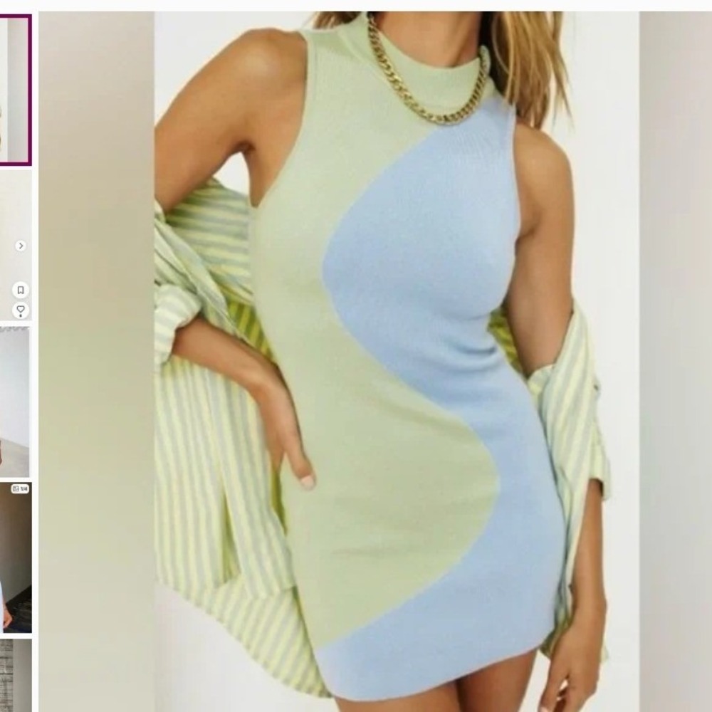 Sleeveless Colorblock Knit Mini Dress - Light Green & Sky Blue